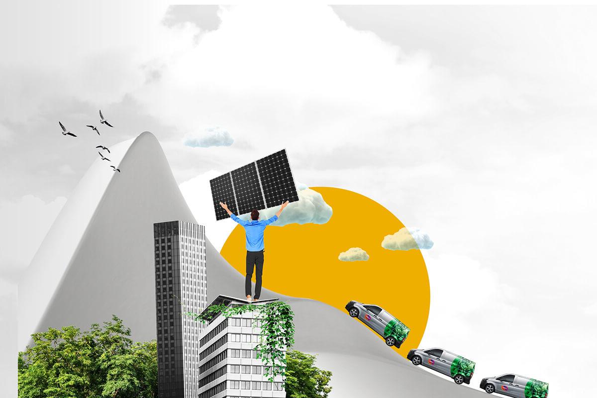Illustrations of two grey and glass office buildings surrounded by green tree-tops and foliage. A man stands on top holding up a solar panel. 一座灰色的山, white clouds and a yellow sun are in the background, with three Mitie branded vans climbing the hillside