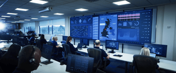 Mitie TSOC安全中心——人们坐在一排排的桌子前用电脑, 远处的墙上显示着英国的大屏幕数据